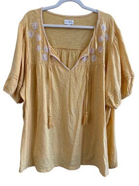 Wonderly Peasant Top Plus Size 4X Embroidered Short Sleeve Tassel Tie Top Yellow